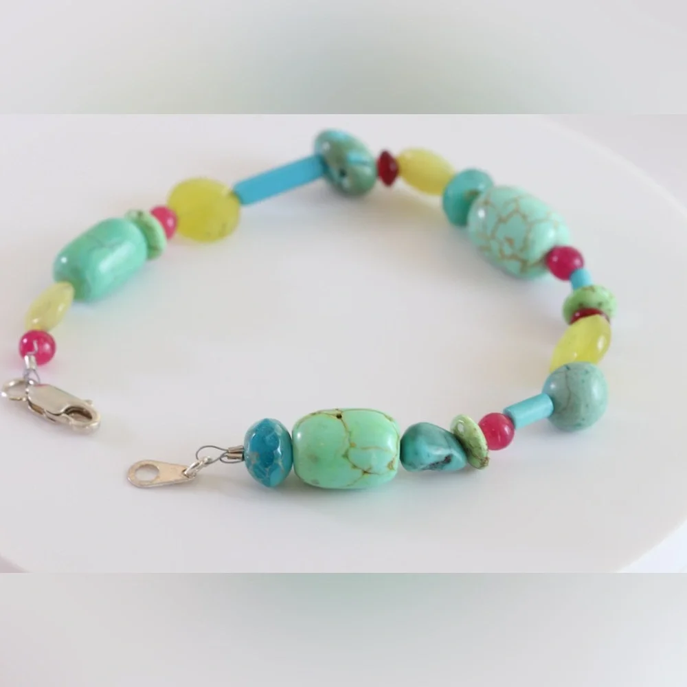 Handmade Turquoise & Aqua Gemstone Bracelet | Sterling Silver | 8”